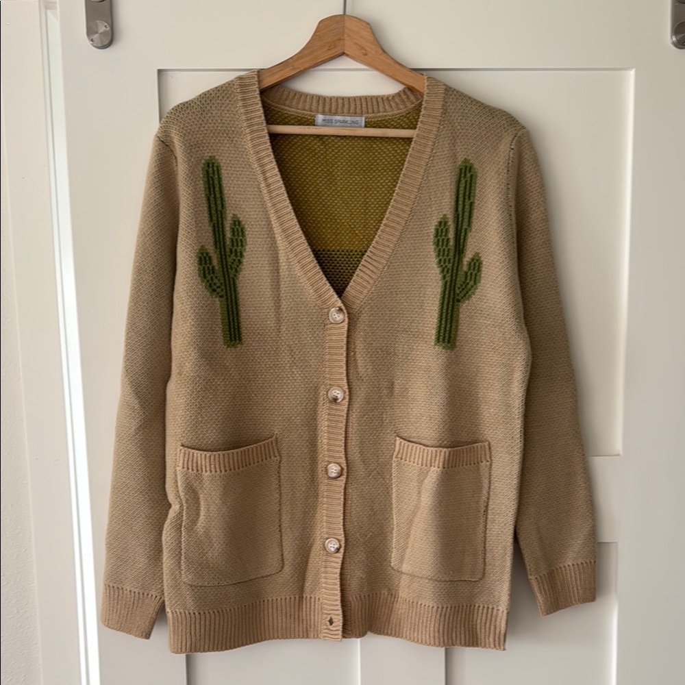 Southwest Tan Cardigan with Green Cactus Design